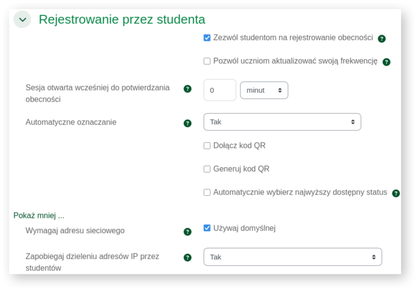 Frekwencja – rejestrowanie przez studenta
